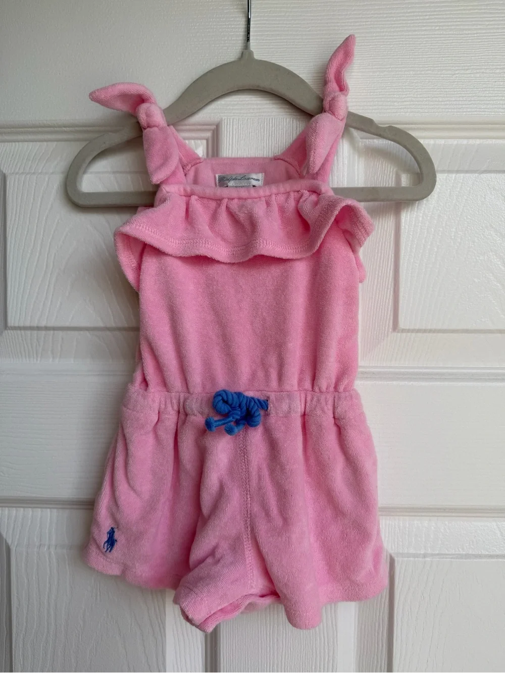 Ralph Lauren Pink Terry Romper with Blue Accent- Size 3-6M